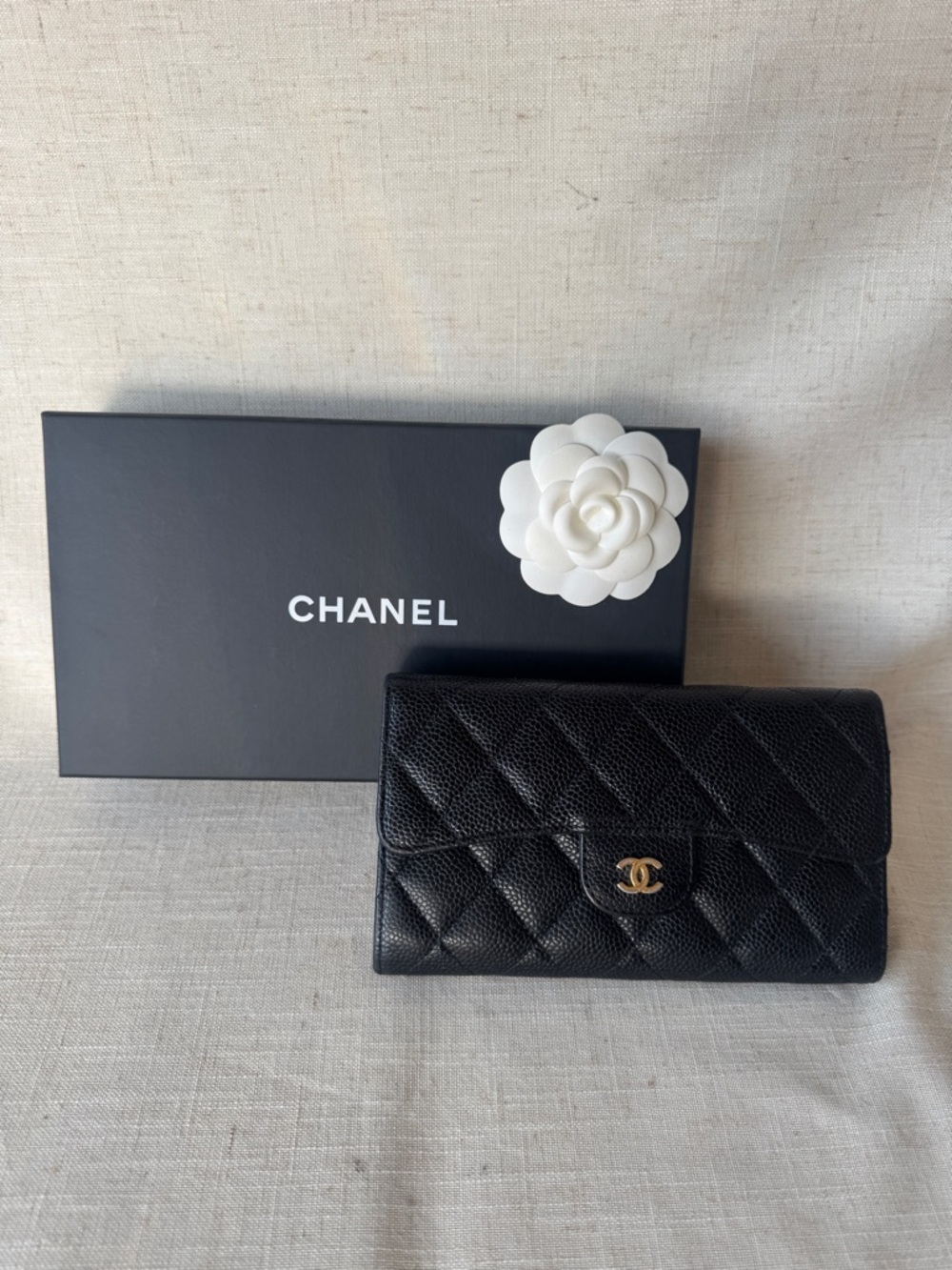 CHANEL Classic Flap Wallet Black Caviar Leather Gold CC Authentic
W/Receipt/Box